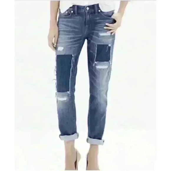 Madewell Jeans Size 25 Slim Boy Jean Patchwork Distressed Denim Mid Rise Stretch - Picture 1 of 10